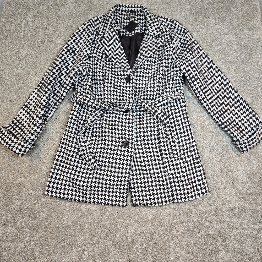 Joujou Vintage Y2K Trench Coat Womens 1X  Black White Houndstooth wool blend
